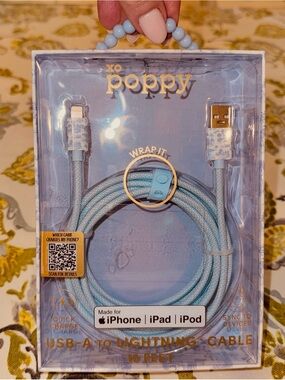 NIB🩶xo Poppy 10ft Light Blue USB-A to Lightning Braided Charging Cable - toile🩶